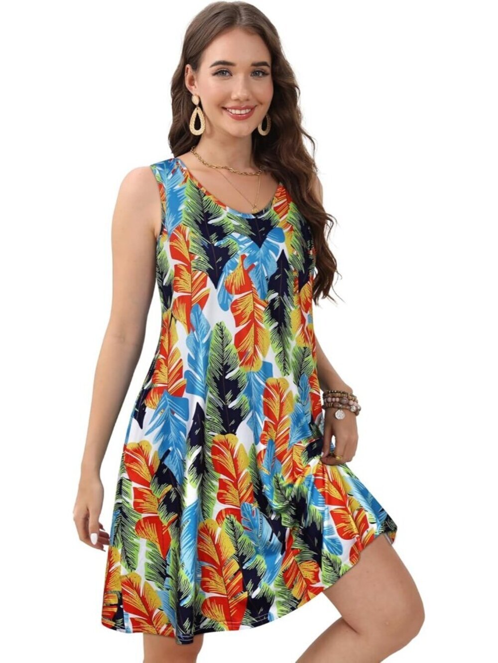 Women's Multicolor Feather Casual Sleeveless Loose Shirt V Neck Swing Mini Dress - Picture 4 of 6